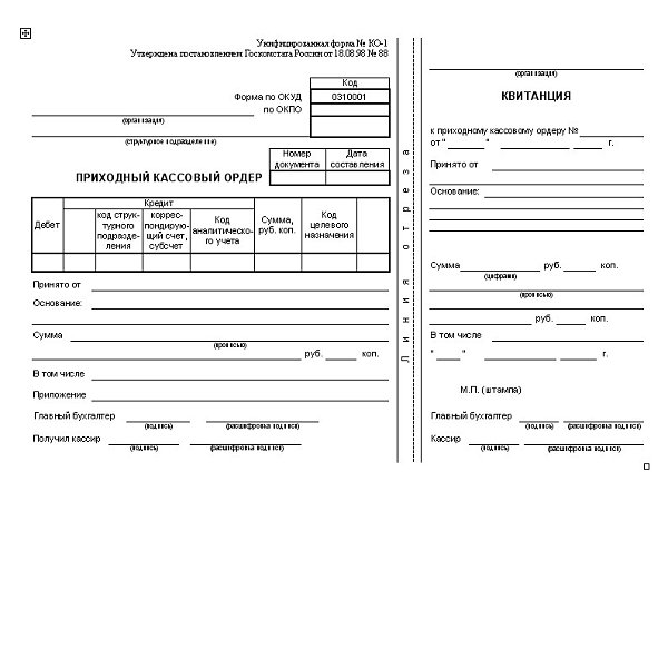 Приходные и расходные кассовые ордера образец