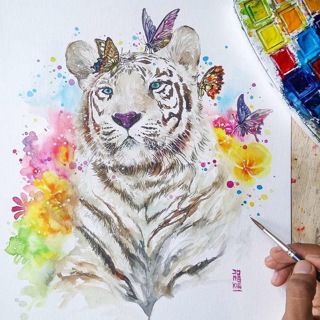 Рисунок тигра акварельными карандашами