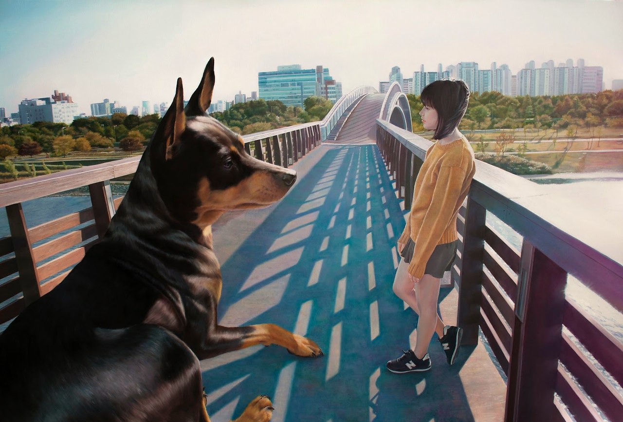 Девушка и собака большая арт
