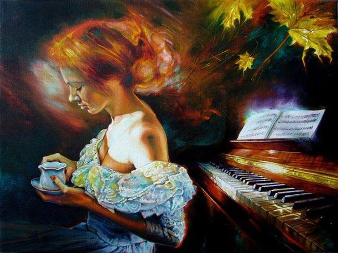 Девушка у рояля картина