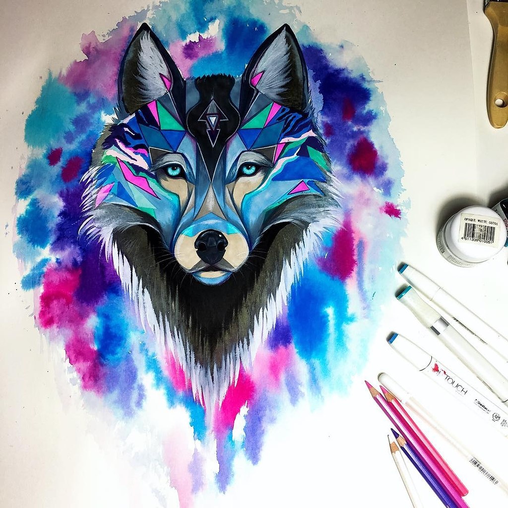Волк эскиз тату цветной