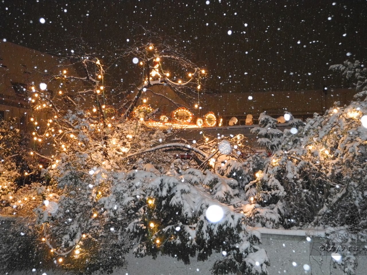 Город в новогодний вечер со Снегопадом