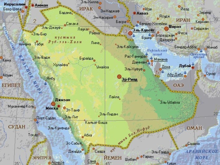 Карта аравийского полуострова со странами