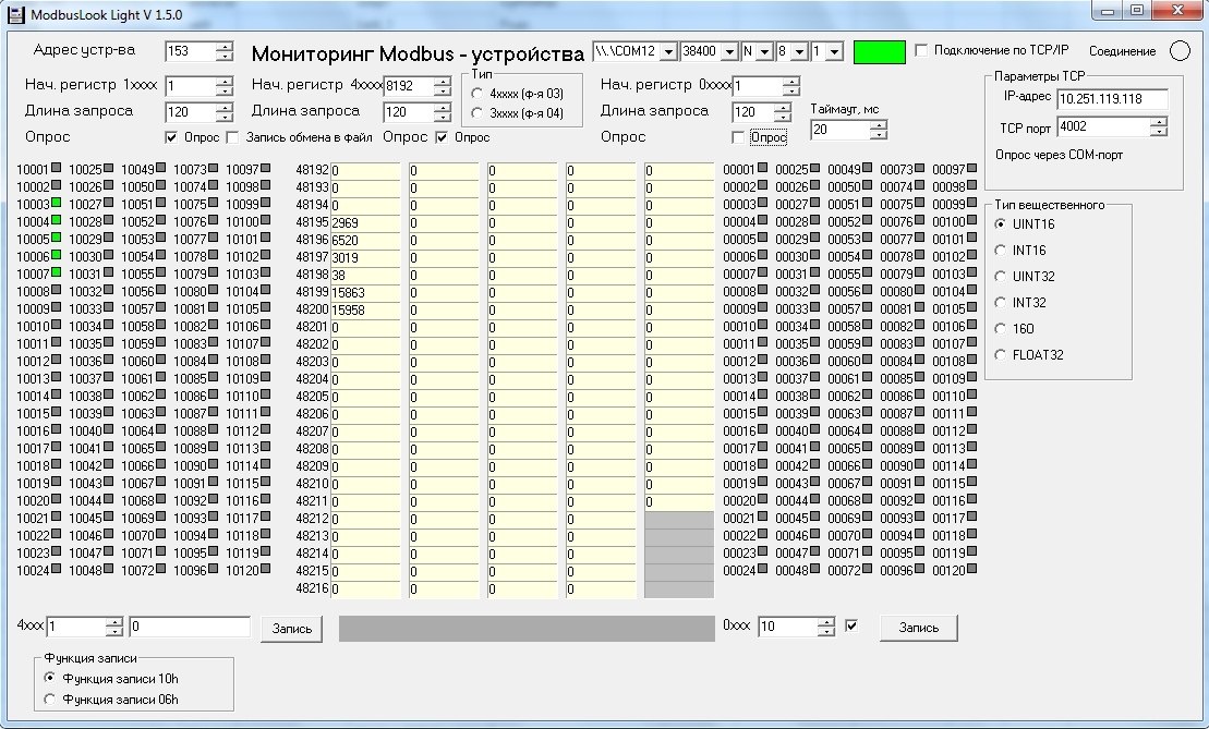 Карта регистров modbus