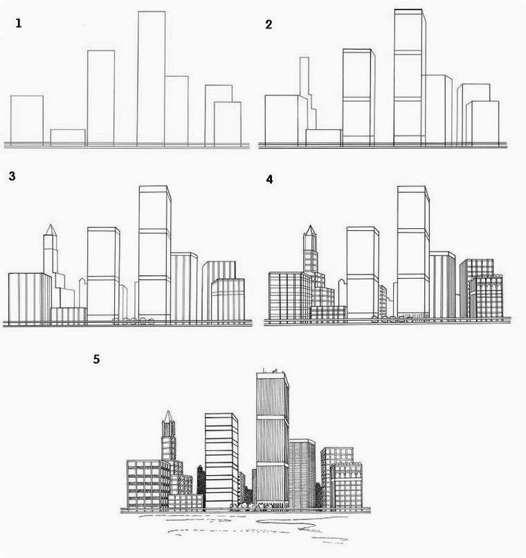 Город рисунок карандашом поэтапно