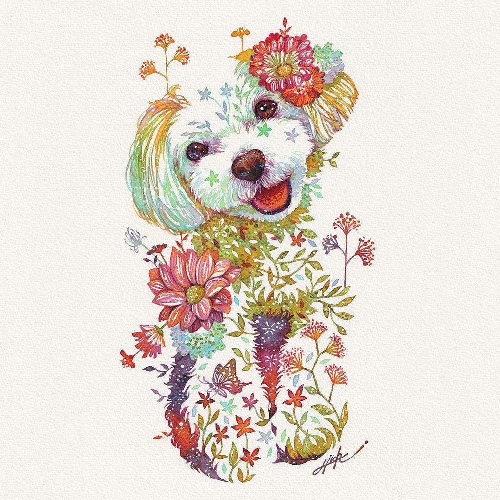 Собака в цветах рисунок