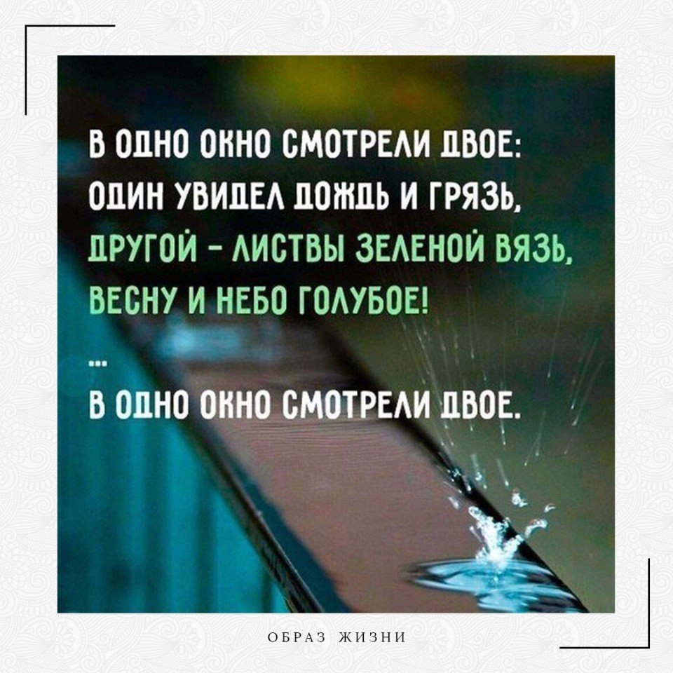 Увидеть грязь. Один увидел дождь и грязь. В одно окно смотрели двое. Один увидел дождь. В окно смотрели двое.