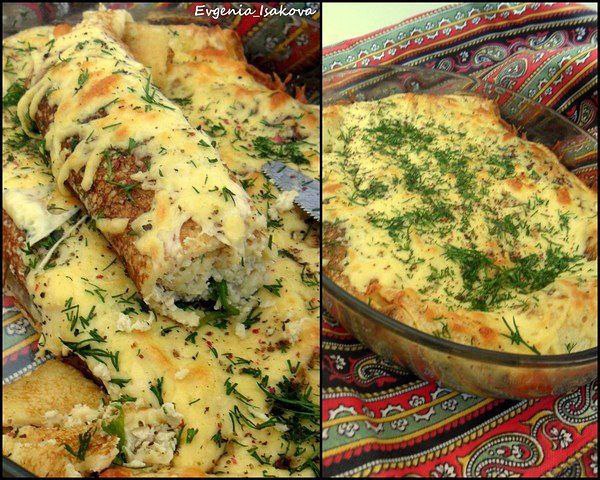 Фаршированные блины, запеченные под сыром.Ингредиенты:для начинки - 3 яица, 150г вареного риса,любая ...