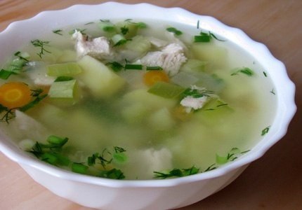 Суп с курицей и кабачками (обед). на 100 г 45.75 ккал Б/Ж/У 5.26/0.48/5.69 Необходимые продукты: ...