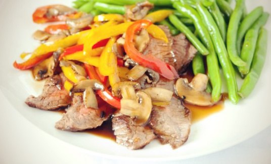 Стейк под соусом Терияки.Ингредиенты:Мясо (стейк) 1 кг.Соль по вкусуГрибы 250 г.Перец сладкий ...