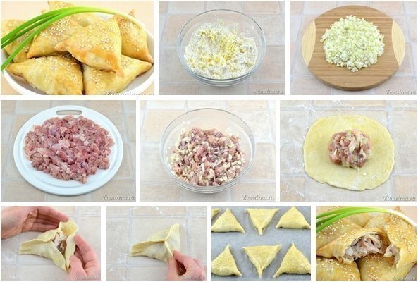 Самса с курицей. Нежное куриное мясо в хрустящем слоеном тесте. Ингредиенты: 250 г муки 100 г масла ...