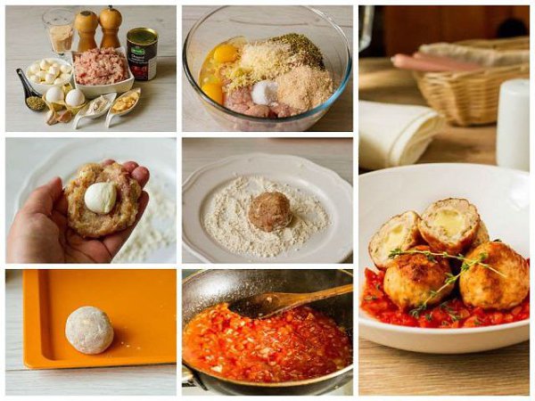 Куриные фрикадельки с моцареллой.Ингредиенты:1 кг куриного фарша2 яйца1 ч.л. сухого орегано4 ст.л. ...