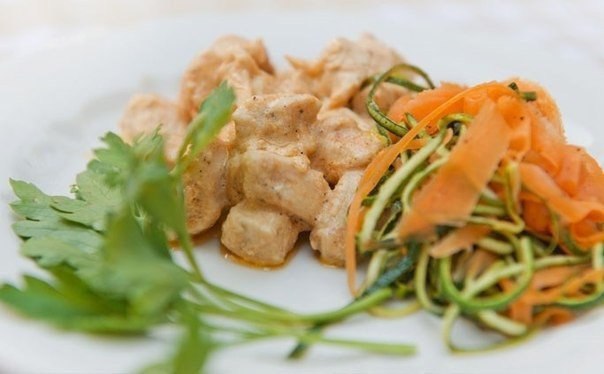 Жареная курица со спагетти из цукини.-100г/59ккал-Цукини 4 штукиКуриная грудка 4 штукиСтебель ...