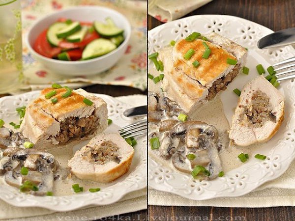 Куриные грудки, фаршированные гречкой и шампиньонами, тушенные в сливочно-грибном ...