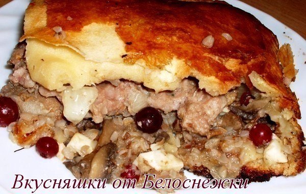 Кулебяка c грибами, мясным фаршем, гречкой и клюквой.Кулебяка - пирог, в основе которого ...