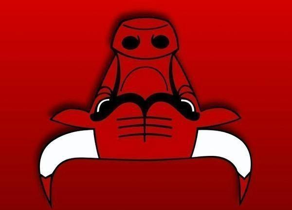 Робот читает книгу верхом на крабе. Перевернутая эмблема Chicago Bulls.