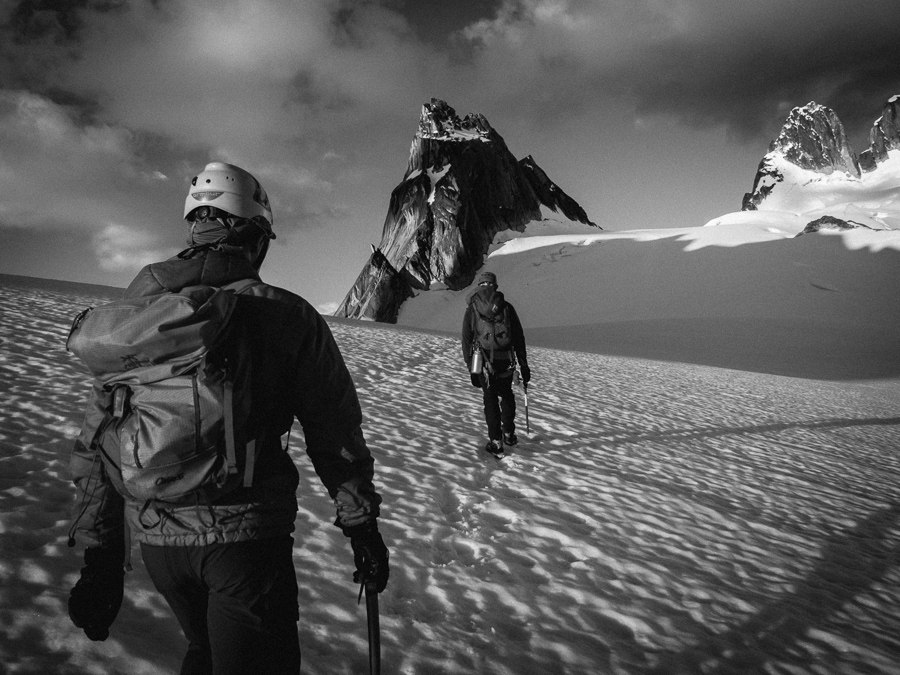 Rob White and David Wheeler approach Pigeon Spire, Bugaboo Provincial Park, BC.