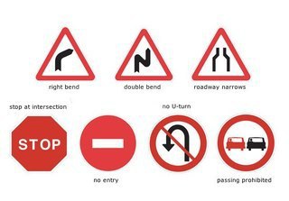 Major international traffic signs: right bend -    double bend -  ...