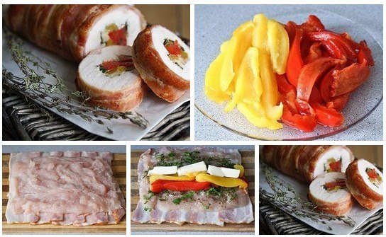 Куриный рулет с перцем.Необыкновенно вкусный куриный рулет с начинкой из бекона, сыра и сладкого ...