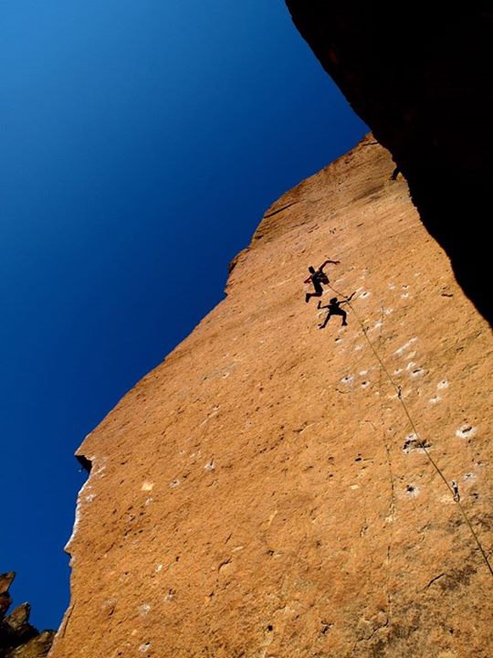 Danny Stirton takes a whipper while working the crux on Heinous Cling (5.12a) at Smith Rock