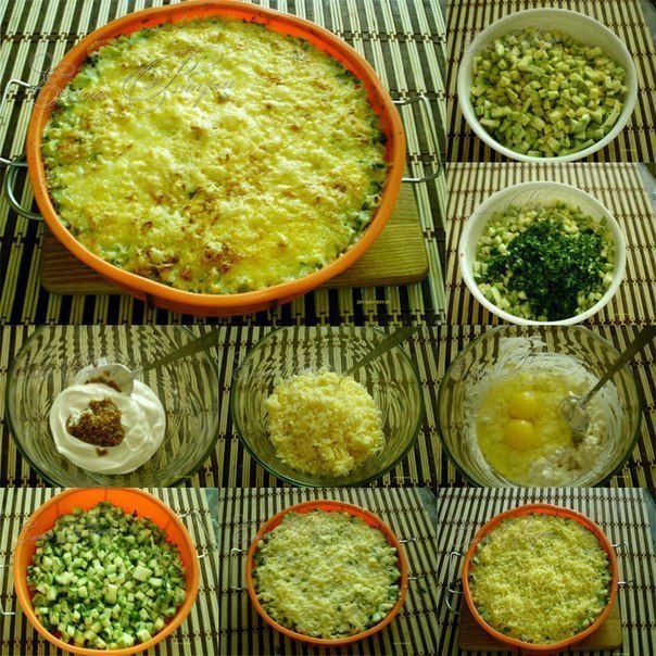 Кабачки запеченные с сыром, объедение.1. Кабачки порезать на кубики (3 средних кабачка)2. Добавить к ...