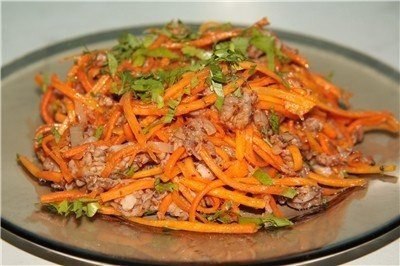 Корейское блюдо "Хе" из мяса.Мясо (Говядина, свинина, и т.п.) — 400 гМорковь (Свежая ...