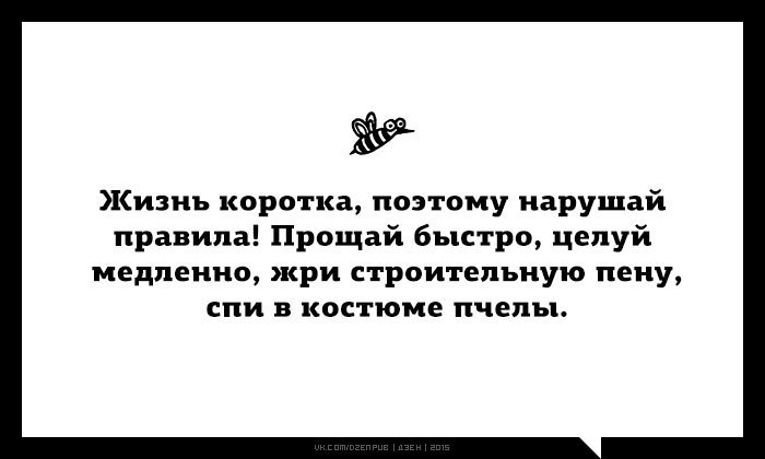 Начинать начала поэтому. Нарушай правила Прощай быстро. Нарушай правила Прощай быстро целуй медленно. Жри строительную пену спи в костюме пчелы. Жизнь коротка Прощай быстро.