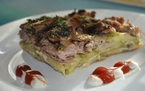 Кабачковый пирог с мясом и грибами.Ингредиенты:Кабачки — 2 шт.Мясной фарш (куриный/говяжий) — ...