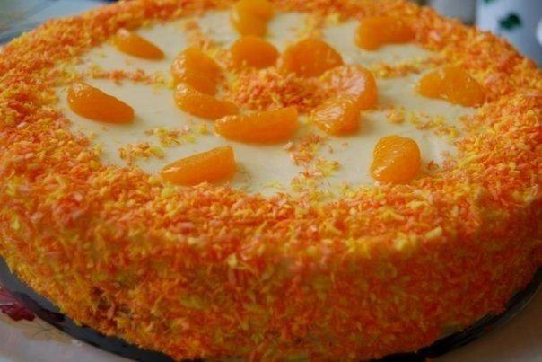 Мандариновый торт.Потребуется:ДЛЯ КОРЖА:4-5 мандаринов1 стакана сахара75 г сливочного маргарина ...