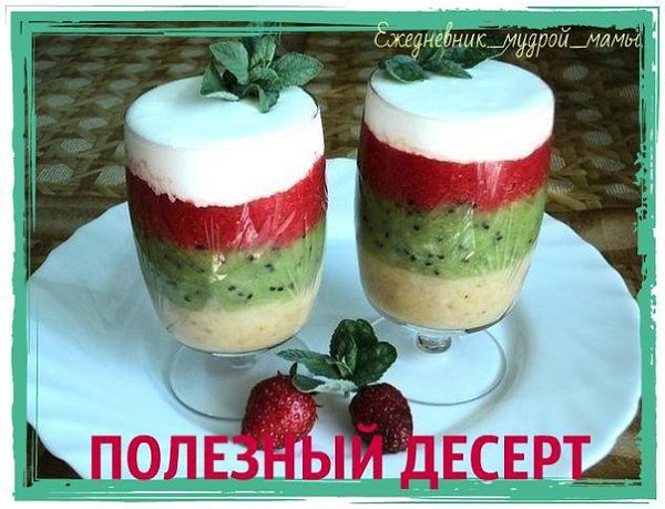 ПОЛЕЗНЫЙ ДЕСЕРТ.Состав на 5-6 порций:2 банана300 гр. клубники3 киви300 гр. мороженого ...