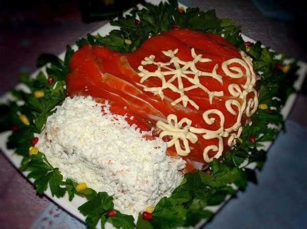 Меню новогоднего стола.1) Салат «Варежка Деда Мороза» с красной рыбойИнгредиенты: 100 г отварного ...