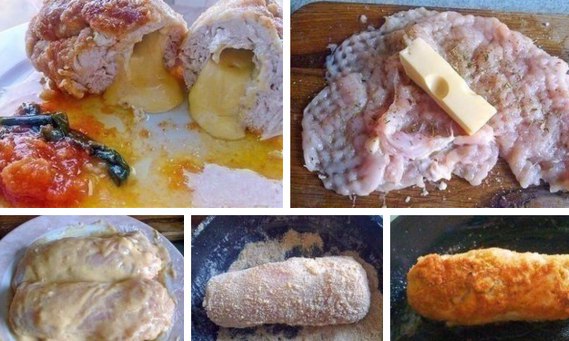 Нескучная грудка (куриная грудка с сыром в сухарях).Ингредиенты:куриная грудка - 1 шт.;сыр;травки ...