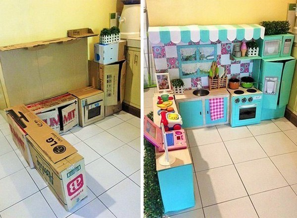 Вот такую детскую кухню сделала мама для дочки из обычных картонных коробок!