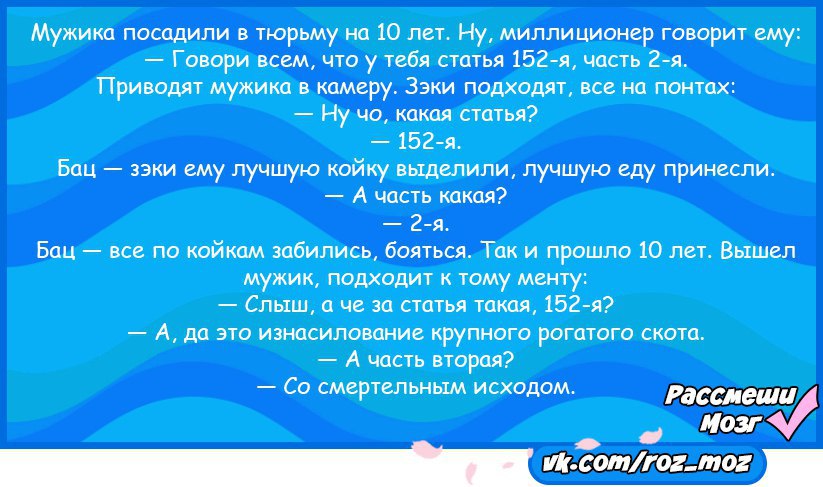 Загадка мужика посадили. Мужика посадили в тюрьму. Анекдот мужика посадили на 10 лет статья 152.