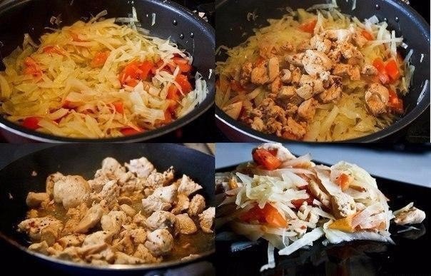 Курица с капустой и помидорами.на 100грамм - 69.09 ккалБ/Ж/У - 12.58/1.03/2.43Ингредиенты:Куриная ...