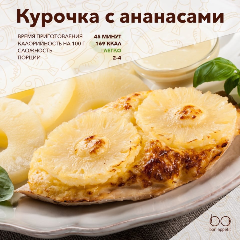 Курочка с ананасами.Ингредиенты: Куриная грудка — 500 гСыр — 200 гАнанас кружочками — 200 гМайонез ...