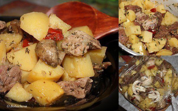 Мясо с картофелем в рукаве.Ингредиенты:400-500гр. мяса ( у меня свиная шейка)картофель 6-8 средних ...