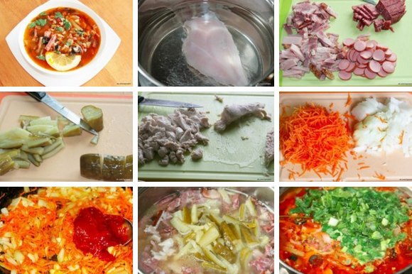 Солянка мясная сборная.Ингредиенты:Филе куриное — 200–250 гИзделия мясные — 350 гИзделия колбасные — ...