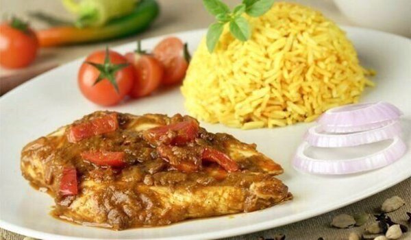 Курица–карри.Ингредиенты:Куриные грудки — 2 шт.Зеленый перец — 0,5 шт.Порошок карри — 3 ч. л.Лук — 1 ...