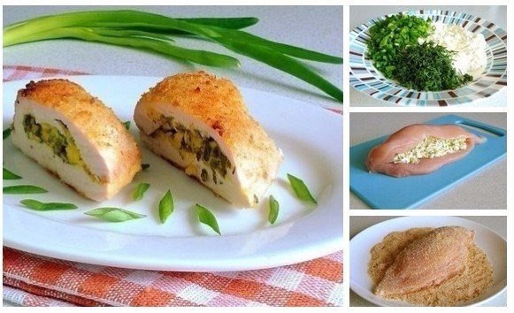 Куриное филе с творогом и зеленью.на 100грамм - 108.4 ккалБ/Ж/У - 18.68/2.43/1.94Ингредиенты:Куриное ...