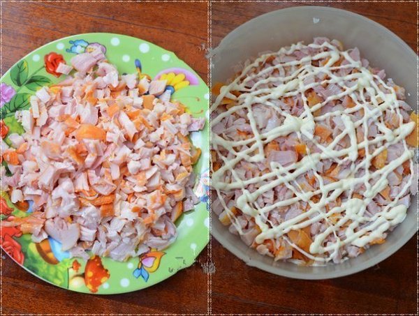 Салат с копченой курицей, корейской морковью и огурцом. Вкусный и сытный салат получается из ... - 3
