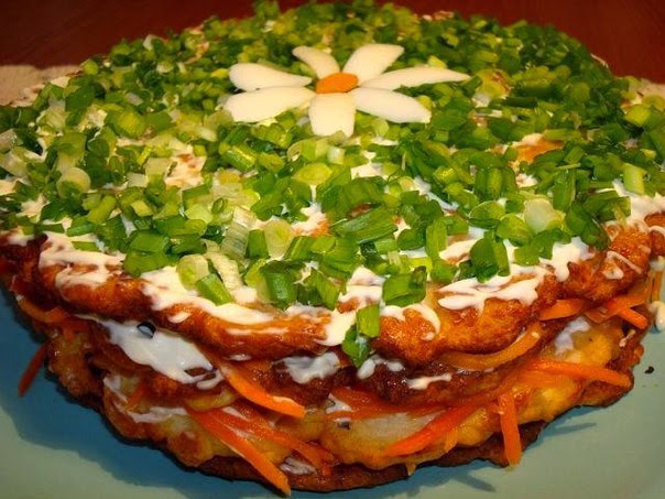 Закусочный мясной тортик.Продукты:400г куриного филе, одна луковица, чуть больше половины стакана ...