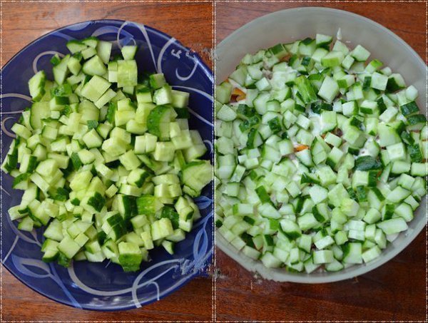 Салат с копченой курицей, корейской морковью и огурцом. Вкусный и сытный салат получается из ... - 4