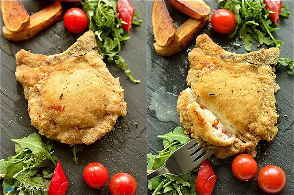 Кордон блю. В самом распространенном варианте берется телячий шницель, в нем делается карман, ...