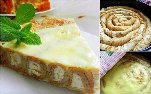 Блинный пирог с творожной начинкой. Ингредиенты: Готовые тонкие блины — 10-12 шт. Творог — 500 г ...