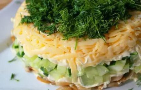 Слоёный салат с селедкой, свежим огурцом и сыром. Ингредиенты сельдь с/с 1-2 шт. сыр 150 гр. ...