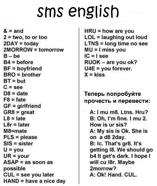 LOL (lots of love / laugh out loud) — Много любви/ громко смеяться.x (a kiss!) — Поцелуй omg (Oh, my ...