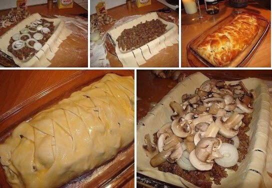 БЫСТРЫЙ МЯСНОЙ ПИРОГ С ГРИБАМИ.Ингредиенты:Тесто слоённое дрожжевоеФарш грамм 300-400.Лук 2-3 ...