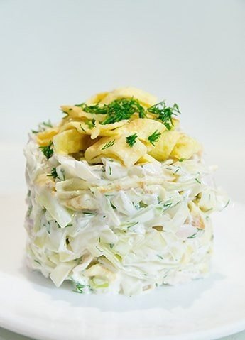 6 Вкусных салатов.1.Салат из белокочанной капусты с курицей и яичными блинчикамиСостав:-Яйца – 2 ...