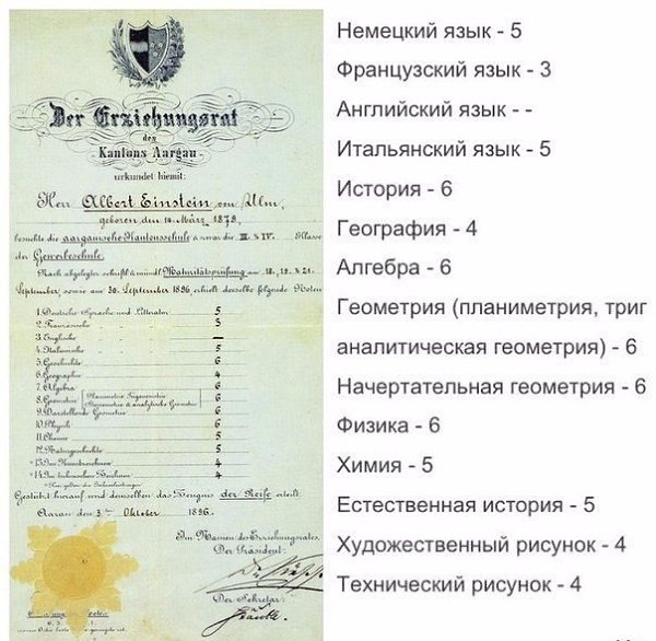 Аттестат Эйнштейна (оценки выставлялись по шестибальной системе)